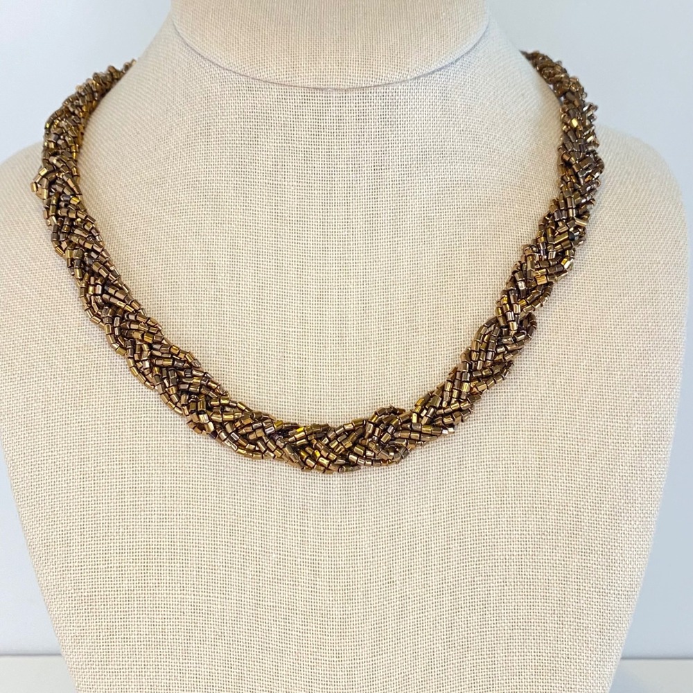 Premier Designs‎ Gold Tone Braided Necklace Twisted Seed Bead Statement Choker